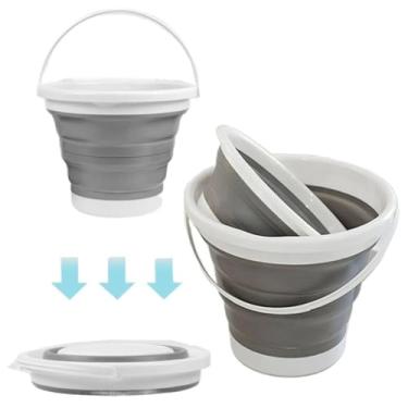 Imagem de Balde Dobrável Retrátil de Silicone, Cinza e Branco, 5 Litros, 20x25 cm, Portátil, Economiza Espaço