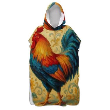 Imagem de TSENQUE Poncho de surfe para adulto trocador de roupa de praia com capuz toalha absorvente de natação poncho masculino com capuz fazenda galo vintage