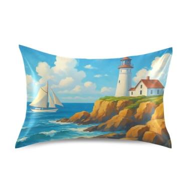 Imagem de Aquarela Farol Azul Mar Cetim Fronhas Frescas Refrescante King Queen Travesseiros Padrão Slips Impressão de Arte Decoração de Casa Tamanho Padrão 66.0 cm x 50.8 cm