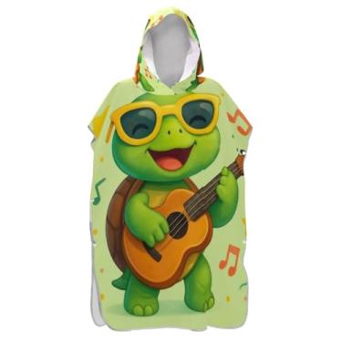 Imagem de Poncho de praia de secagem rápida, toalha de banho, bonito desenho animado tartaruga verde capa com capuz para banho, spa, chuveiro, tamanho único