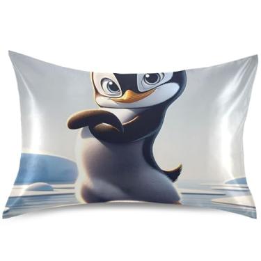 Imagem de Capa de travesseiro de cetim com estampa de pinguim engraçada, capa de travesseiro padrão floral, king size, 101,6 x 50,8 cm