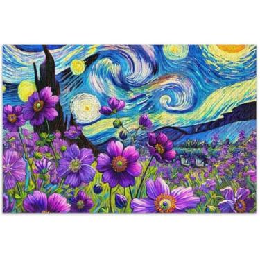 Imagem de Quebra-cabeça de flores violetas noite estrelada 1000 peças para adultos família brinquedo arte inverno cena quebra-cabeças elefante branco, 75 x 40 centímetros