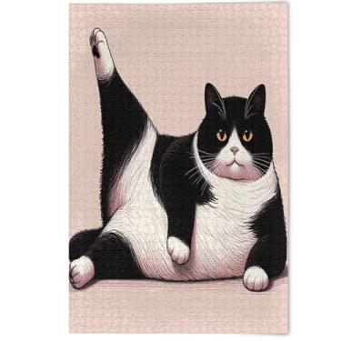 Imagem de Quebra-cabeça adulto 1000 peças pintura animal fofo preguiçoso fofo gato preto branco legal Prime quebra-cabeças família elefantes brancos presentes, 1000 peças, 75 x 50 cm