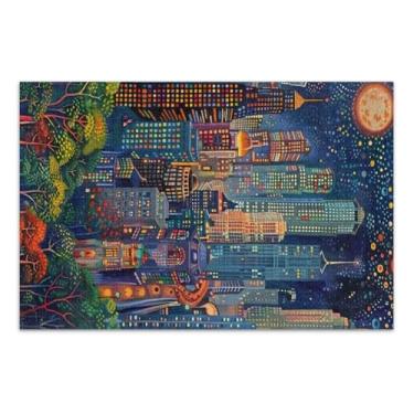 Imagem de a Painting of a City with Trees Puzzle Adulto com Letras nas Costas Quebra-cabeças 1000 Peças para Adultos