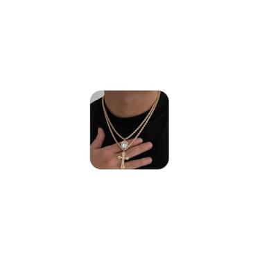 Imagem de Colar de cruz em camadas para homens com pingente de cruz de pérola e strass dourado delicado joias vintage presentes, Large, Zinco, Sem Pedra Preciosa