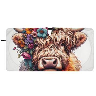 Imagem de Guarda-sol Highland Cow Cute Calf Car para Para-brisas Bonito Dobrável Automotivo Para-brisas Animal Floral, 81 cm x 157 cm