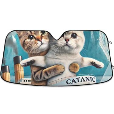 Imagem de Guarda-sol de gatinho engraçado com estampa de gato personalizado para para-brisa de carro capa de para-brisa automotiva dobrável protetor solar M, 139,7 cm x 70,1 cm