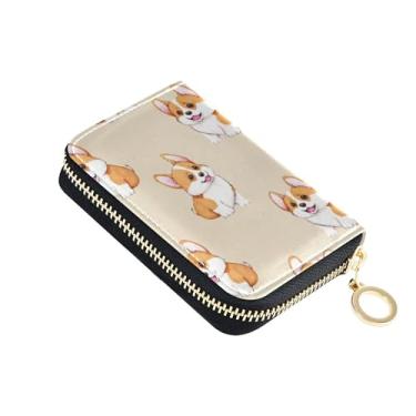 Imagem de Carteira feminina com zíper para cartão de crédito, bloqueio de RFID, pequena carteira para dinheiro com bolso para moedas, filhotes de cachorro corgi laranja fofo bege