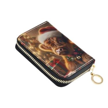 Imagem de Carteiras de cartão de crédito com bloqueio de RFID, linda carteira pequena feminina com zíper e chaveiro, Natal, vaca highland aconchegante