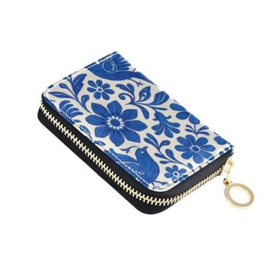 Imagem de Carteira feminina azul branca floral com zíper e bloqueio de RFID para cartão de crédito, carteira de couro com zíper e bolsa para moedas