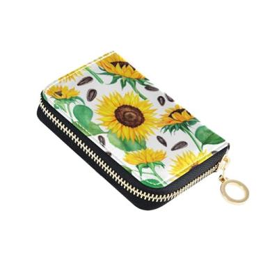 Imagem de Carteira feminina com protetor de cartão de crédito com bloqueio de RFID, bolso pequeno com zíper, porta-chaves, amarelo, aquarela, girassóis, branco