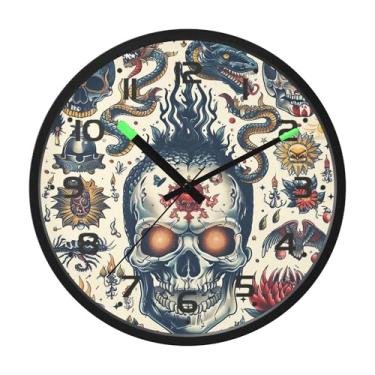 Imagem de SEHANY Relógio artístico de parede de caveira silencioso, sem tique-taque, relógio redondo operado por bateria, controle de som, luz noturna, relógios de parede para sala de estar, cozinha, quarto