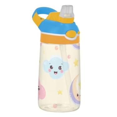 Imagem de Garrafa de água fofa de desenho animado pastel para crianças com canudo 473 ml 473 ml Garrafa de água de plástico Tritan portátil à prova de vazamento, copo infantil, reutilizável, alça de transporte