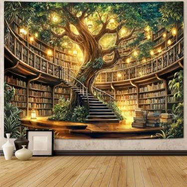 Imagem de Motanber Tapeçaria de biblioteca de fantasia, estante de fadas, floresta, tapeçaria estética para pendurar na parede vintage árvore mágica da vida, livro caprichoso, grande tapeçaria para quarto, sala