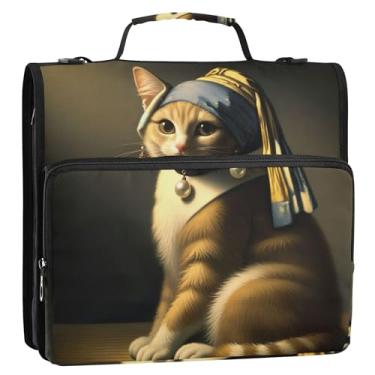 Imagem de Fichário grande de 3,5 cm com 3 anéis, anel D, gato fofo com brinco de pérola, organizador de fichário engraçado com zíper, portfólio e estojo, suporte de pasta de anel, bolsa de fichário escolar com