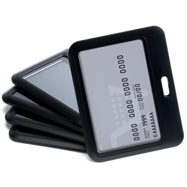 Imagem de SEAVILIA Pacote com 5 porta-crachás deslizante, preto, plástico rígido, porta-cartões de identificação, bolsa protetora horizontal com janela transparente, ideal para documentos de escritório/escola