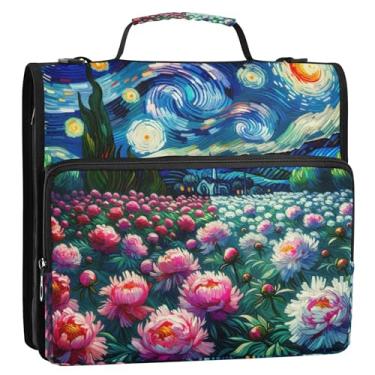 Imagem de Fichários de 3,8 cm, 3 anéis, flores de peônia, noite estrelada, com zíper, organizador de fichário com alça de ombro para escola, durável, portfólio e estojo