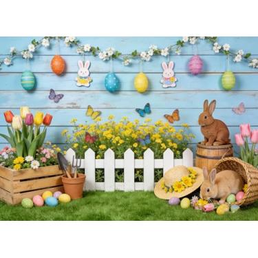 Imagem de DULUDA Pano de fundo para primavera, Páscoa, 1,8 x 1,8 m, decoração de Páscoa, ovos, coelho, floral, azul, madeira, parede, fundo colorido, fotografia, banner, cabine