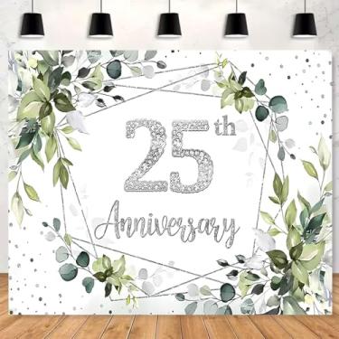 Imagem de Decoração de casamento prata 25º aniversário pano de fundo aquarela folhas de eucalipto diamante brilhante 25º plano de fundo faixa de noivado casal casamento (A, 18 x 1,5 m)