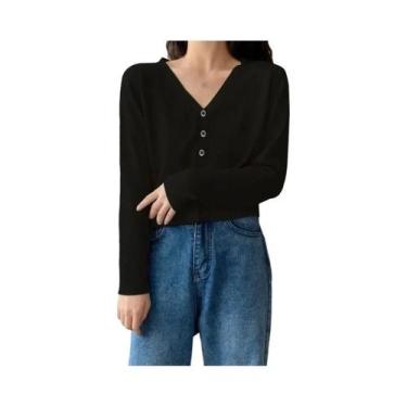 Imagem de Cardigan Feminino De Manga Longa Com Decote Em V, Cropped, Botões, Tri