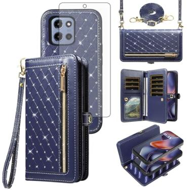 Imagem de Capa de celular para Motorola Moto G 5G 2025 com zíper carteira magnética destacável com alça de cordão transversal Bling Glitter Flip compartimentos para cartão de crédito G5G 5 G G5 mulheres homens