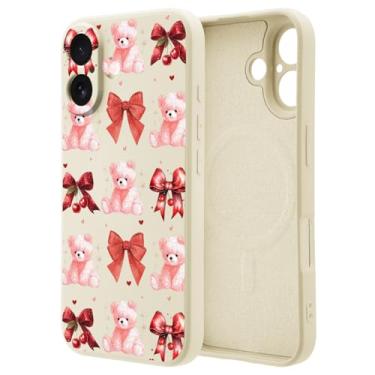Imagem de OFQKOAKS Capa para iPhone 16 Pro Max compatível com MagSafe, capa de telefone feminina romântica com laço de urso brilhante para dia dos namorados, capa protetora de silicone líquido branco macio para