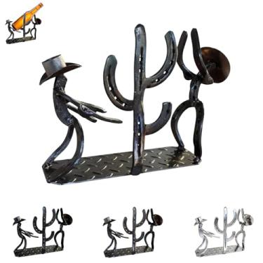 Imagem de DMXGJD Suporte para garrafa de vinho Western Cowboy & Cactus, escultura de metal 2 em 1 com figuras de chapéu de caubói, suporte rústico de mesa única para bar de casa, mesa de jantar, decoração de