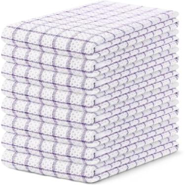 Imagem de Homaxy Toalhas de cozinha 100% algodão pacote com 8 - 38 x 63 cm, toalhas de chá de mão de trama de waffle com design xadrez, toalha de prato super macia e absorvente para secar pratos, roxo