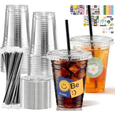 Imagem de fanado Pacote com 100 copos de plástico transparente de 473 ml com tampas, canudos e adesivos, copos de café gelado descartáveis com tampas, copos transparentes com adesivos acima de 100 peças para
