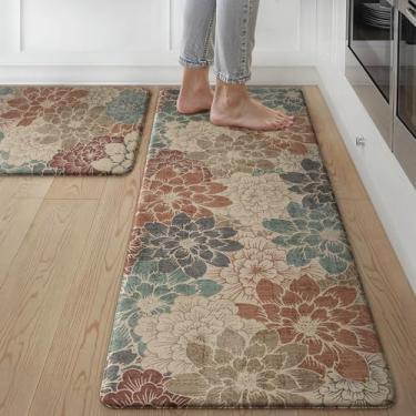 Imagem de GENIMO Tapetes de cozinha para chão, tapetes de cozinha, antiderrapantes, laváveis, conjuntos de 2, tapetes impermeáveis acolchoados, antifadiga, tapete floral para lavanderia, pia, escritório, casa
