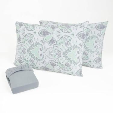 Imagem de Jogo de Cama Queen 3 Peças Malha 100% Algodão Lençol com Elástico Fronhas Estampadas Toque Macio(Papiro cinza)