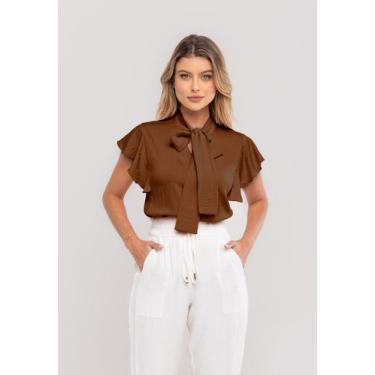 Imagem de Blusa Feminina Com Laço na Gola e Manga Babado Marrom Salvatore, P