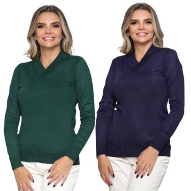 Imagem de Kit 2 Blusas Tricot Gola V Moda Casul Inverno 2024 - GIP, Marinho, Ver