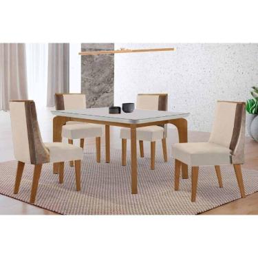 Imagem de Sala Jantar Mesa Londrina Tampo c/ Vidro Curvo 120cm 4 Cadeiras Tilia Madeira Naturale/Off White - Capuccino/Suede Creme - Rufato