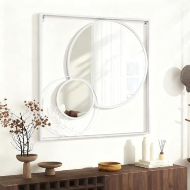 Imagem de WDSHIYI Espelho de parede grande círculo branco, conjunto de espelhos quadrados montados na parede espelhos decorativos de arte moderna para sala de estar banheiro decoração 76 x 76 centímetros