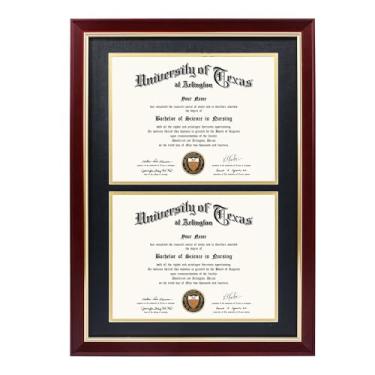 Imagem de GMFrames Moldura de diploma duplo para dois certificados de 21 x 28 cm com tapete preto sobre ouro, madeira maciça, acrílico com proteção UV, acabamento cereja com acabamento dourado