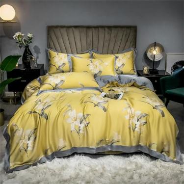 Imagem de Conjunto de cama macio e sedoso com estampa floral refrescante de verão, incluindo capa de edredom, lençol e lençol de baixo, modelo 10, 1,8 m de largura.