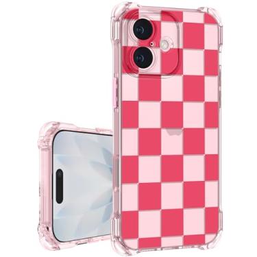 Imagem de Toycamp Capa para iPhone 17 com alça para mulheres - Capa com design de flores xadrez rosa fofas engraçadas com cordões de pulso quatro cantos estilo flexível de pendurar