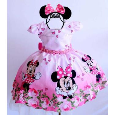 Imagem de Vestido Festa Temática Infantil Minnie Rosa Luxo E Tiara - Pingo De Ge
