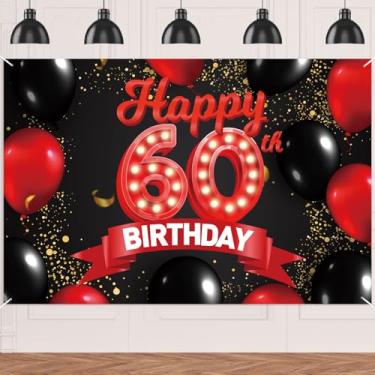 Imagem de Happy 60th Birthday Banner Vermelho e Preto Decorações Balões Tema Decoração para Meninas Mulheres Princesa 60 Anos Aniversário Festa de Aniversário Bday Foto Adereços Suprimentos Fundo Favores Glitter Dourado