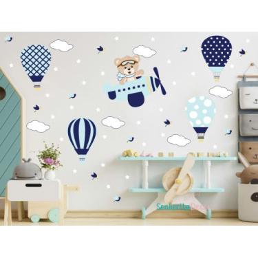 Imagem de adesivo de parede urso aviador azul balões decoração quarto de meninos