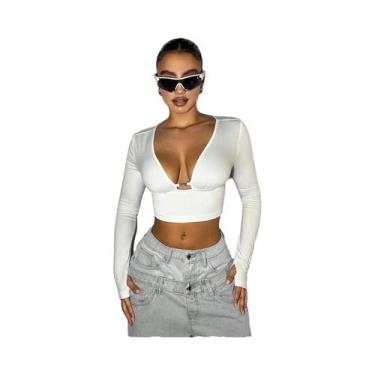 Imagem de Top Sexy Feminino Com Decote Em V, Mangas Longas E Abertura Na Barriga