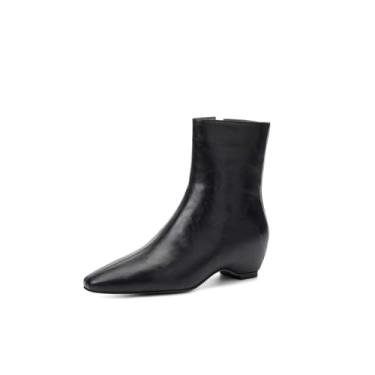 Imagem de TinaCus Bota feminina de salto cunha no tornozelo, couro legítimo, feita à mão, bico quadrado, botas curtas com zíper lateral, Preto, 36