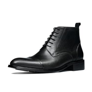 Imagem de Botas masculinas de couro com zíper lateral, cano alto Derby com cadarço, cabedal de couro bovino premium e forro de pele de porco, botas Chelsea clássicas de salto de 4 cm para negócios e uso formal