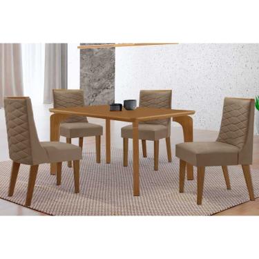 Imagem de Sala Jantar Mesa Londrina Tampo Curvo 120cm+4 Cadeiras Dafne Madeira Naturale - Capuccino/Suede Capuccino - Rufato