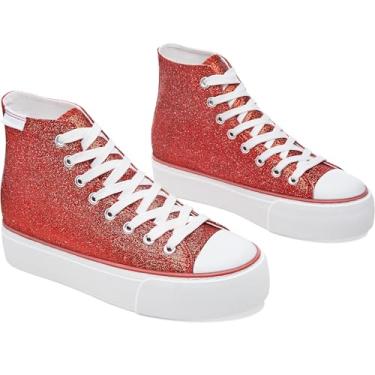Imagem de ALTOCIS Tênis feminino confortável de plataforma de cano alto, casual de cano médio, tênis moderno de camurça sintética, tênis clássico de caminhada com cadarço, Glitter vermelho, 37