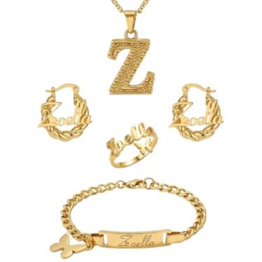 Imagem de Conjunto de joias de aço inoxidável banhado a ouro 18K personalizado com nome personalizado, colar com pingente inicial, brincos de argola, pulseira, anel, pingente de borboleta, conjunto de presente