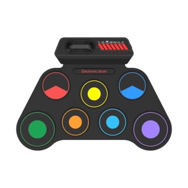 Imagem de Walmeck Conjunto de Bateria Eletrônica Silicone Conjunto de Bateria Manual Com 7 Blocos Alto Falante Embutido Saída Fone Ouvido Metrônomo Baquetas Recarregáveis (Versão colorida)