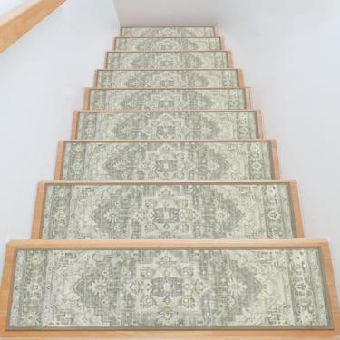 Imagem de Tapete multideslizante Taupe para degraus de madeira 76.2 cm x 20.3 cm Descasque e cole degraus de escada bordas interiores escada corredor de escada capas tapete de segurança para crianças e animais