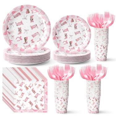 Imagem de Remerry Conjunto de 30 / 210 peças de artigos de festa de vaqueira coquete ocidental laço rosa decorações de festa de aniversário incluem prato descartável guardanapo copo garfo para chá de bebê de
